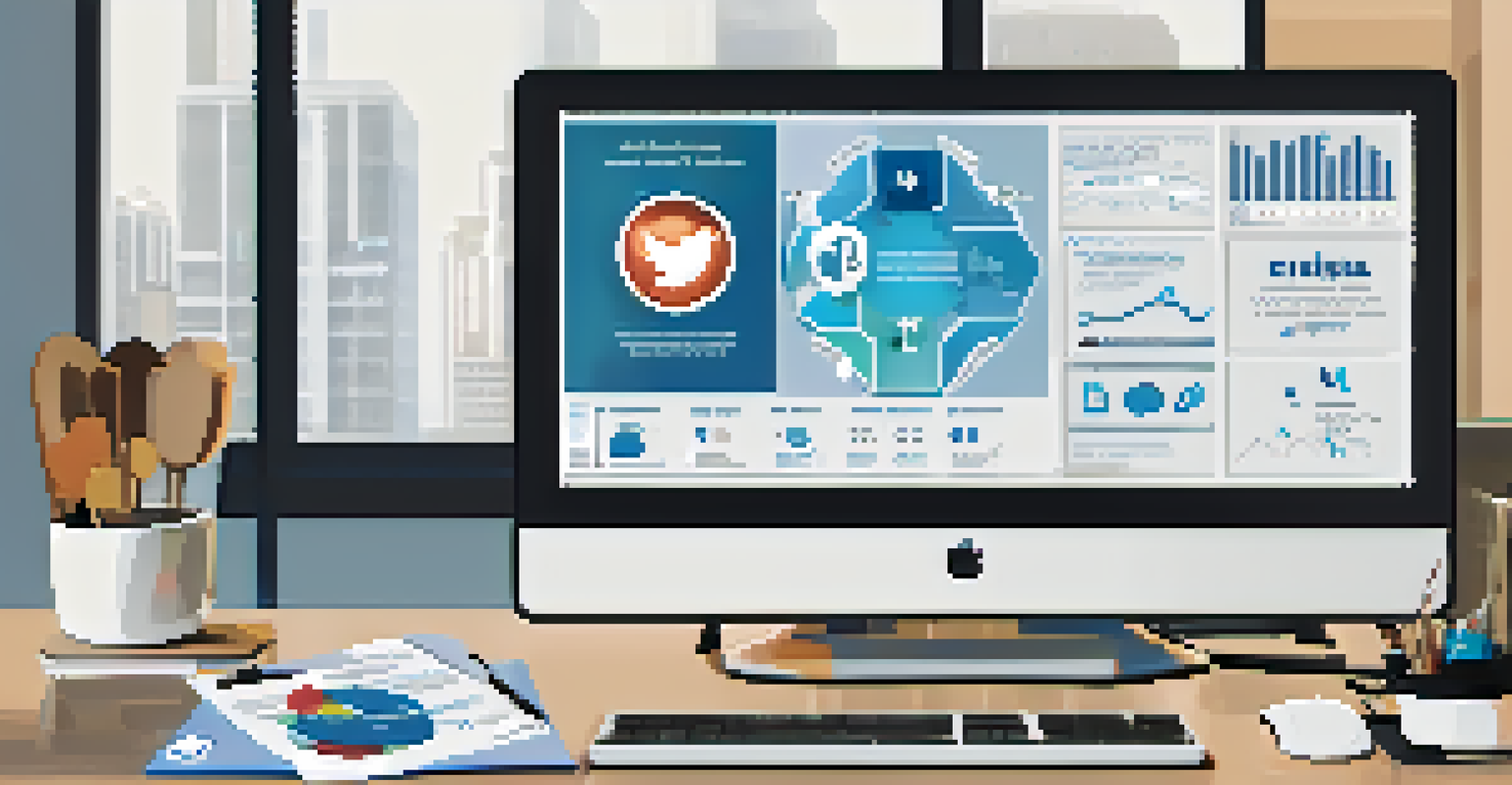 An infographic on a computer screen showing key aspects of crisis communication, with various icons and elements represented in a modern office environment.