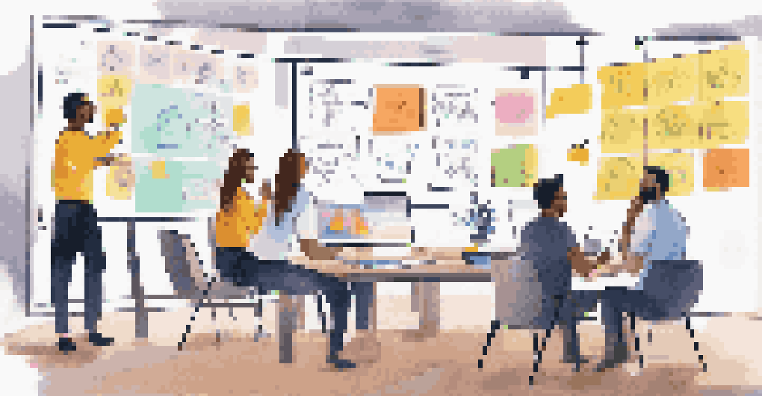 A remote team brainstorming on a virtual whiteboard filled with colorful sticky notes, showcasing collaboration and creativity.
