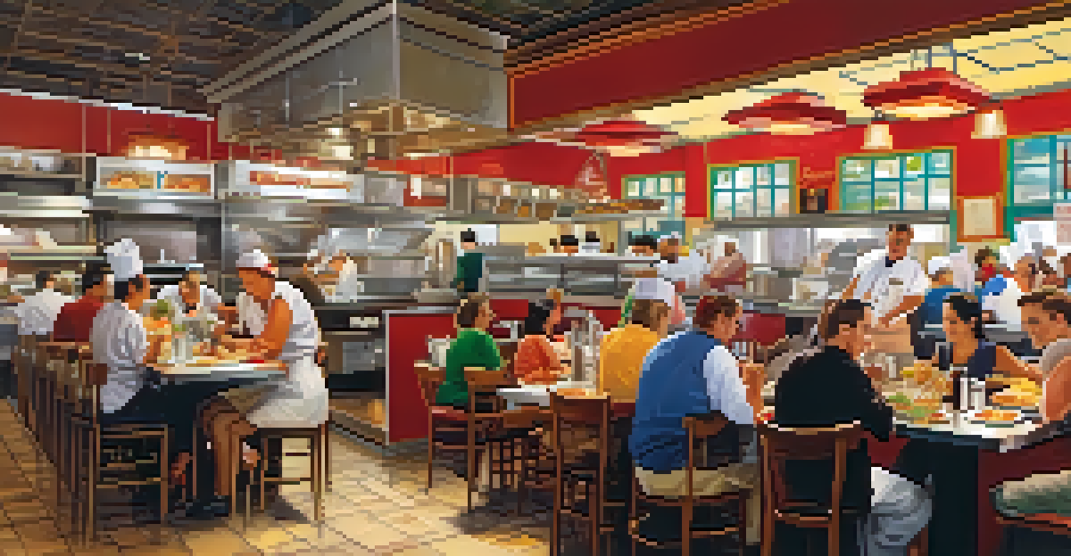 A busy franchise restaurant with customers dining, colorful decor, and chefs in an open kitchen.