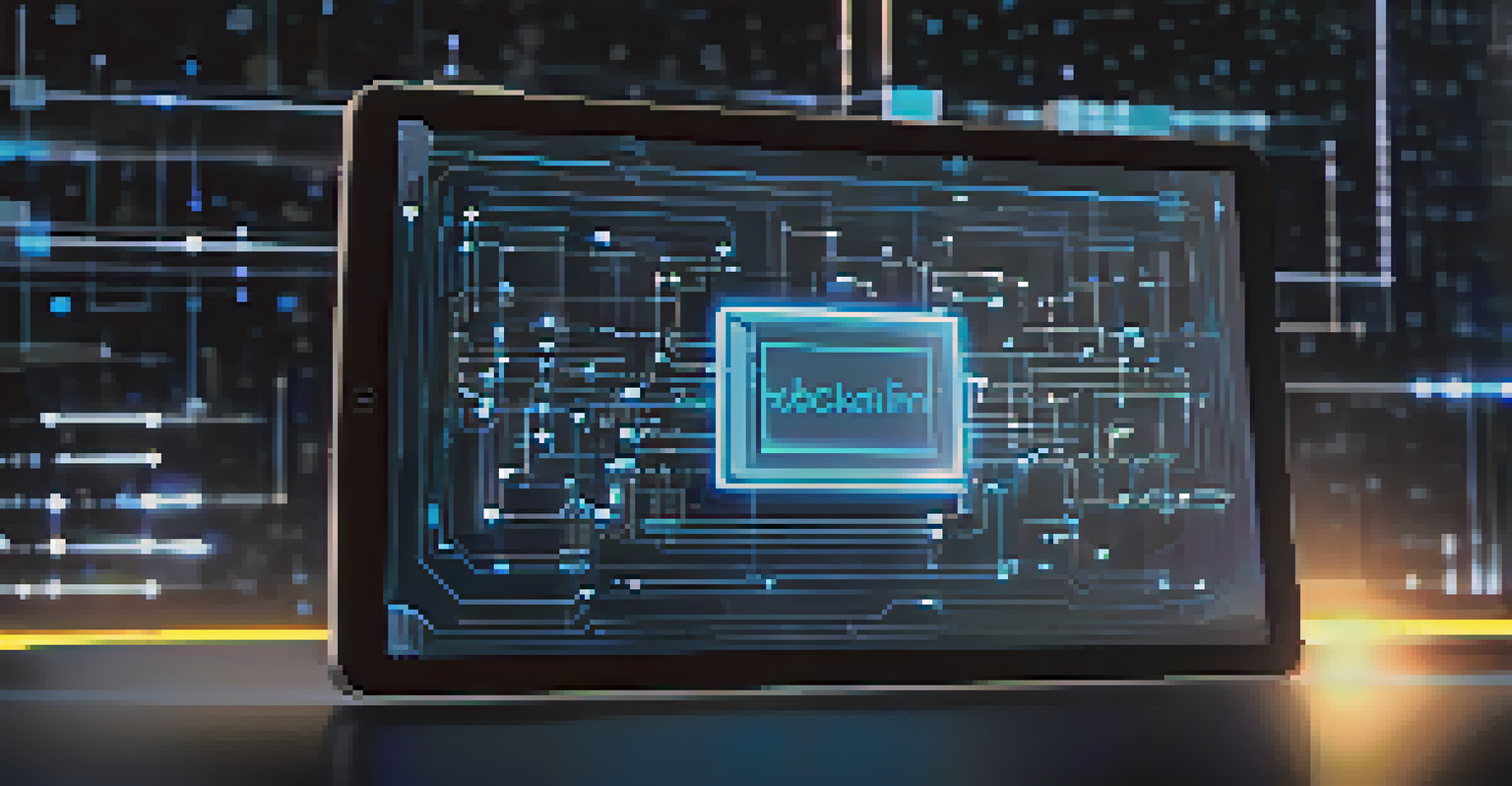 A close-up of a digital tablet showing a blockchain transaction interface in a modern office setting.