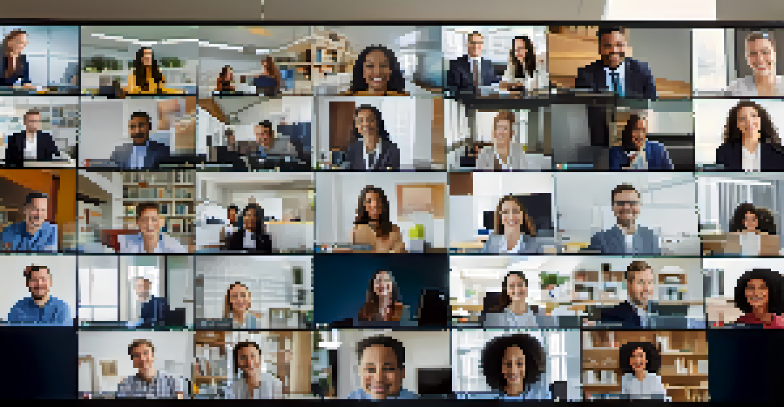 A virtual team meeting displayed on a screen with diverse colleagues smiling from different locations.