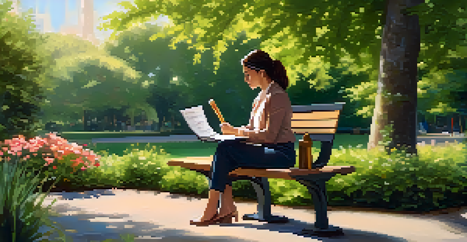 A professional woman sitting outdoors on a bench with a laptop, reviewing financial benchmarks amidst a lush green environment.