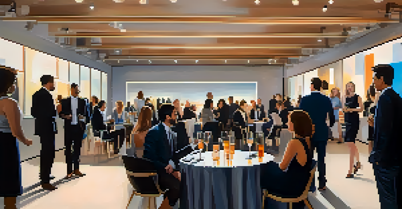 A networking event with entrepreneurs and venture capitalists mingling in a stylish venue, with modern art and soft lighting.