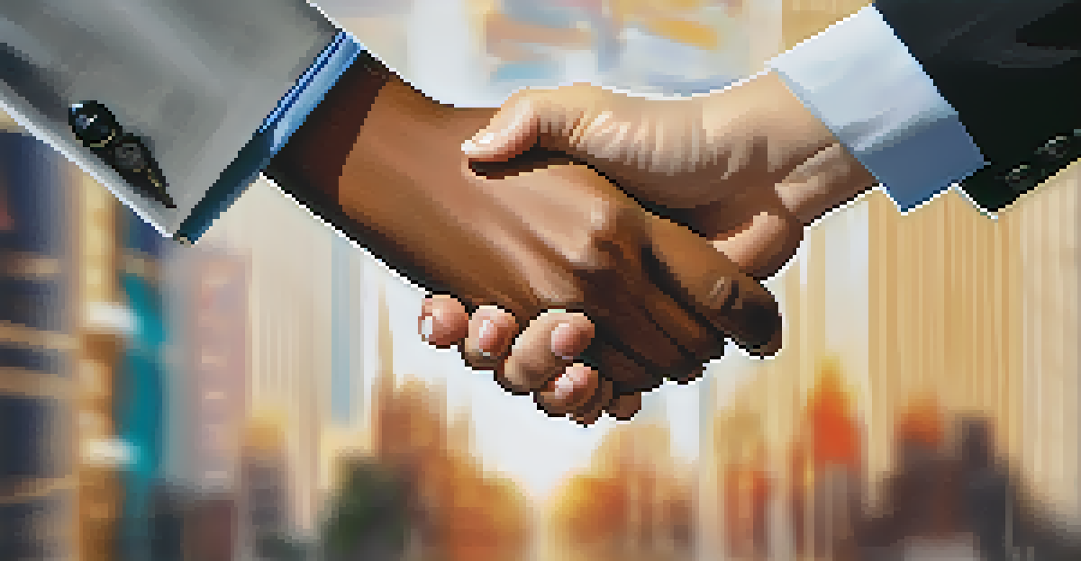 Close-up of two diverse hands shaking in a professional office environment, symbolizing trust and collaboration.