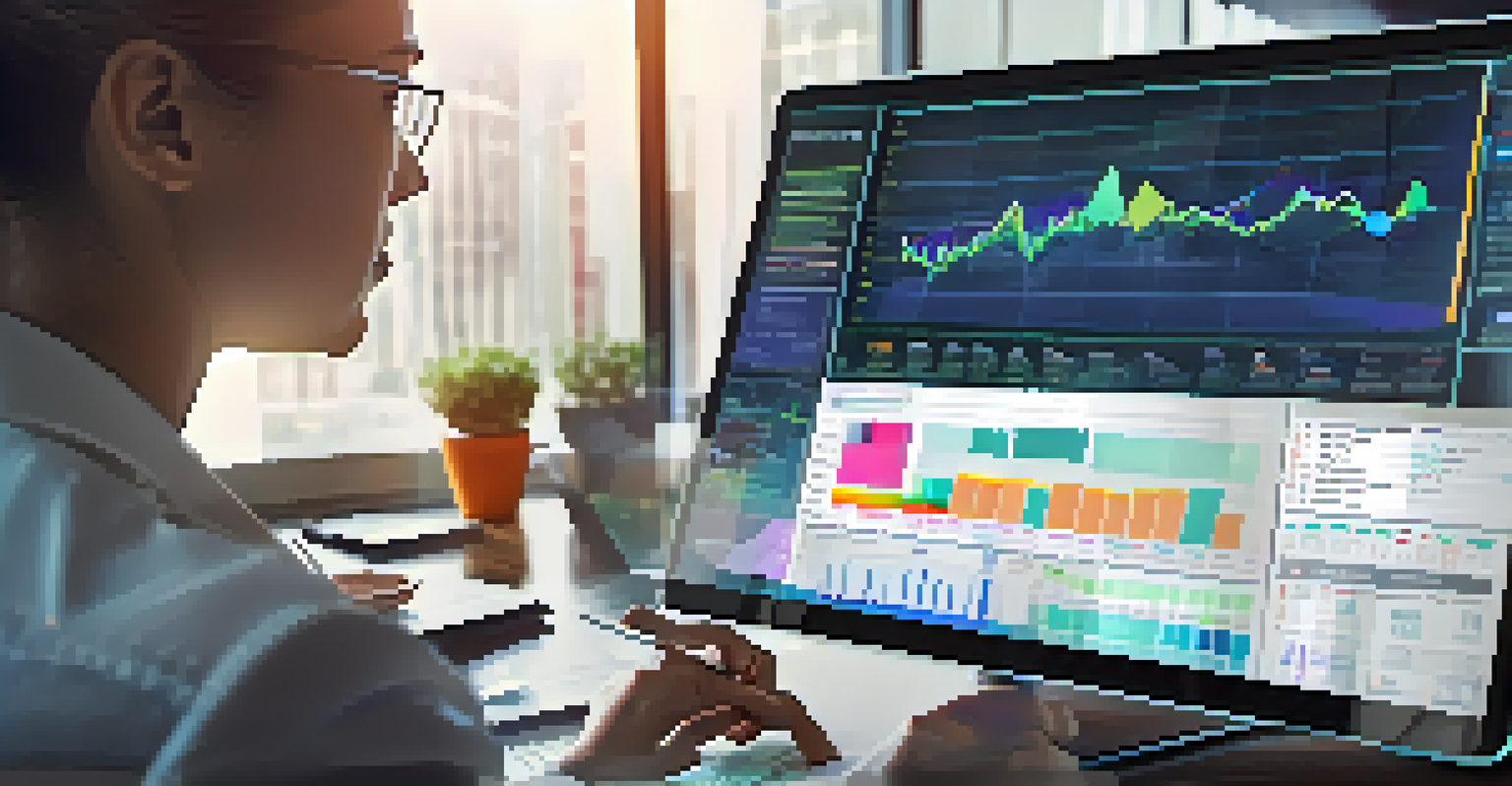 A close-up of a person analyzing financial forecasting data on a tablet in a modern office.