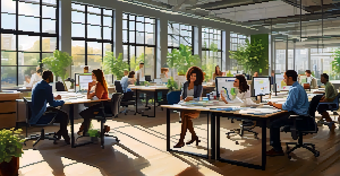A diverse group of employees working together in a bright office, collaborating with charts and laptops on a large table.