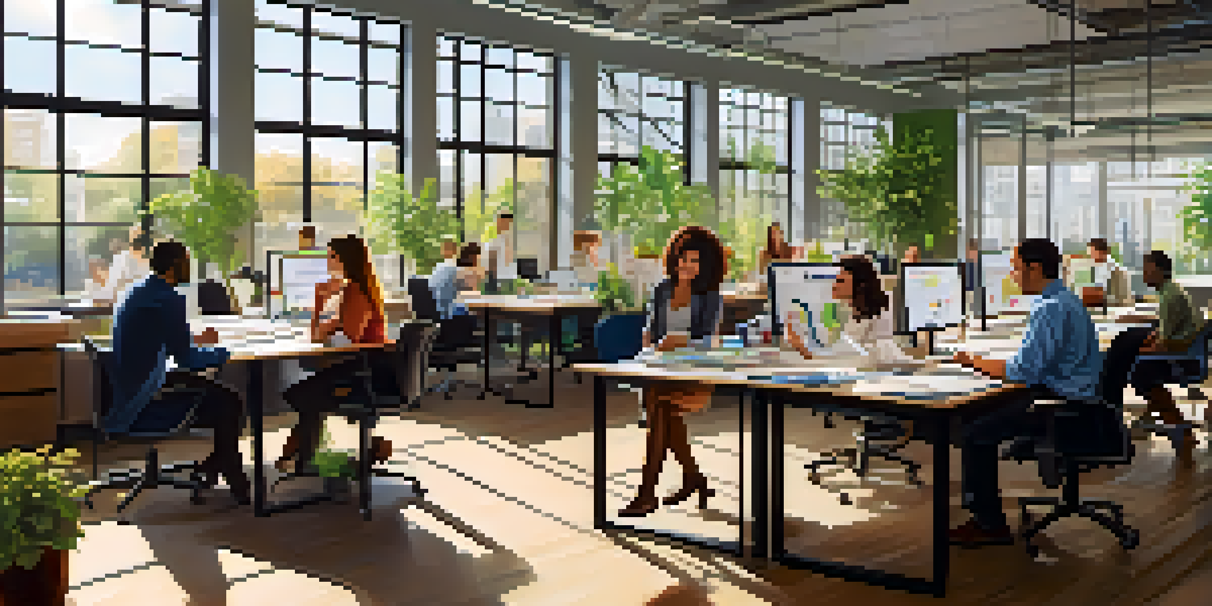 A diverse group of employees working together in a bright office, collaborating with charts and laptops on a large table.