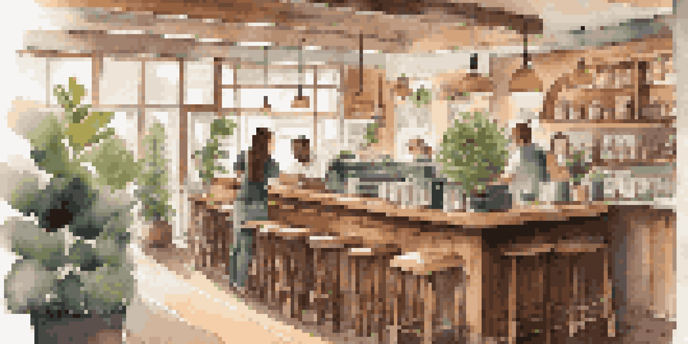 A cozy coffee shop with warm lighting, wooden tables, and customers enjoying their time.