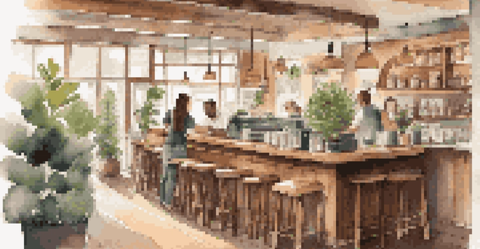 A cozy coffee shop with warm lighting, wooden tables, and customers enjoying their time.