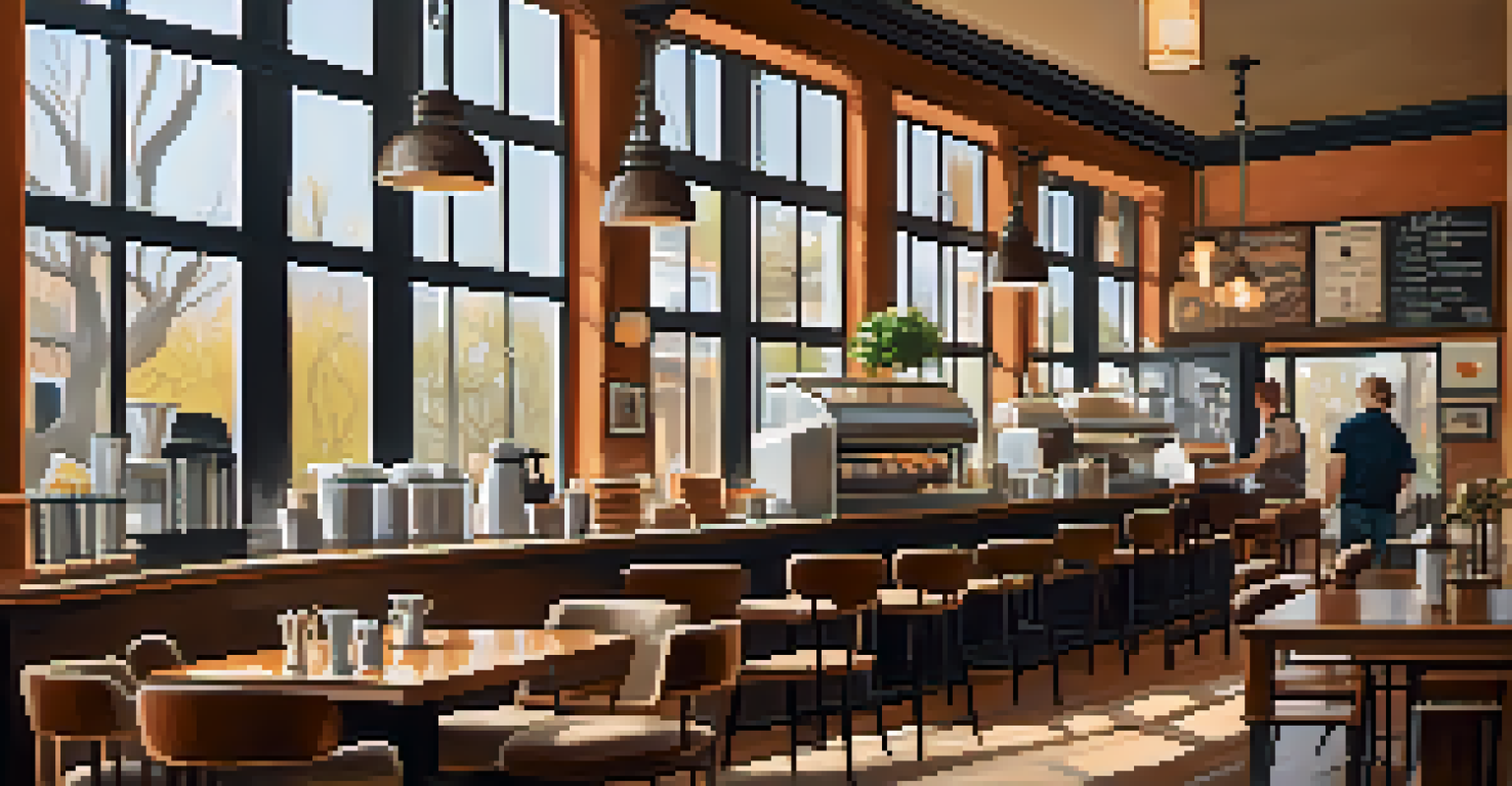A cozy coffee shop interior with plush seating, wooden tables, and large windows, featuring a barista at work.