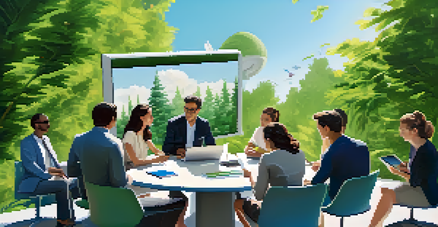 A group of professionals brainstorming outdoors at a table, surrounded by greenery and using laptops.