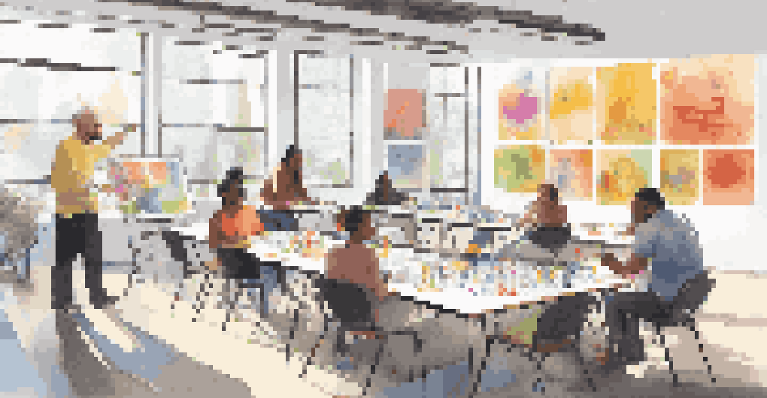A facilitator leading a design thinking workshop with participants working on prototypes and sketches in a vibrant setting.