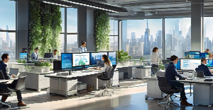 A bright and modern office with professionals discussing data analysis, surrounded by large windows and a city view.
