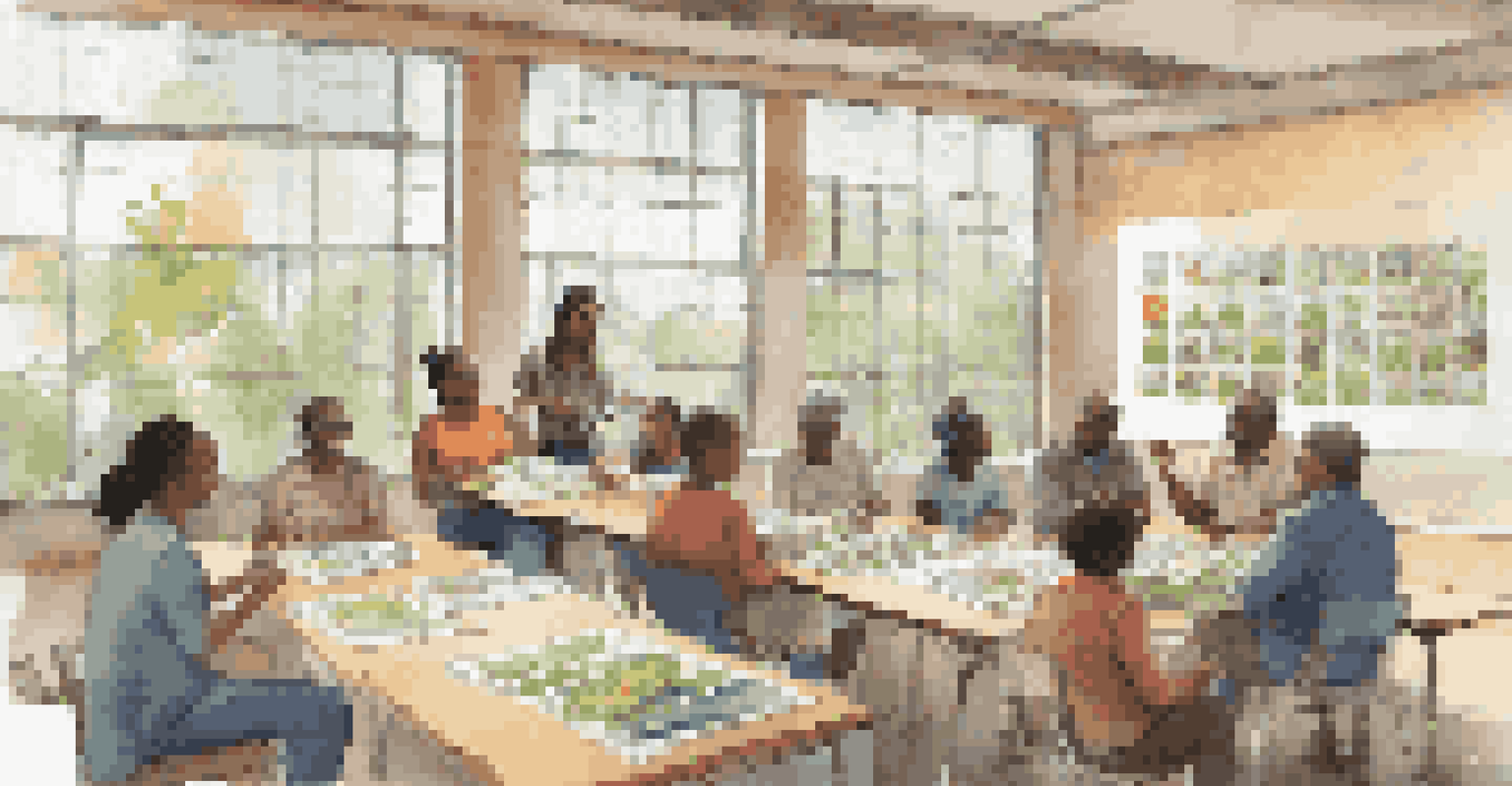 Residents attending a sustainability workshop in a well-lit community center, learning about energy conservation practices.