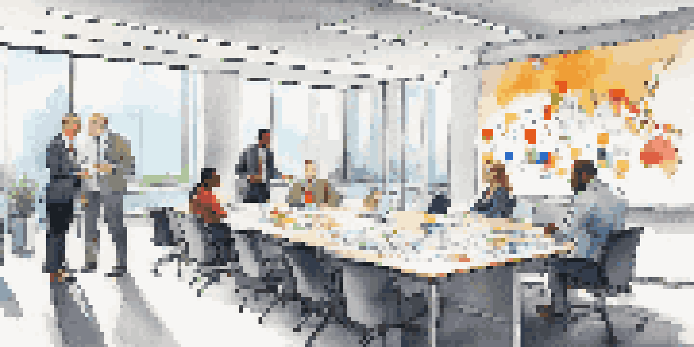 A bright modern office with a conference table and diverse professionals discussing budgeting, with a whiteboard filled with notes.