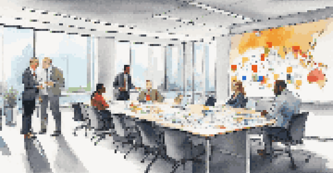 A bright modern office with a conference table and diverse professionals discussing budgeting, with a whiteboard filled with notes.
