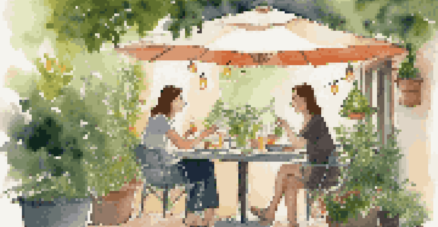 Two friends discussing dinner plans at a café table surrounded by greenery and string lights.