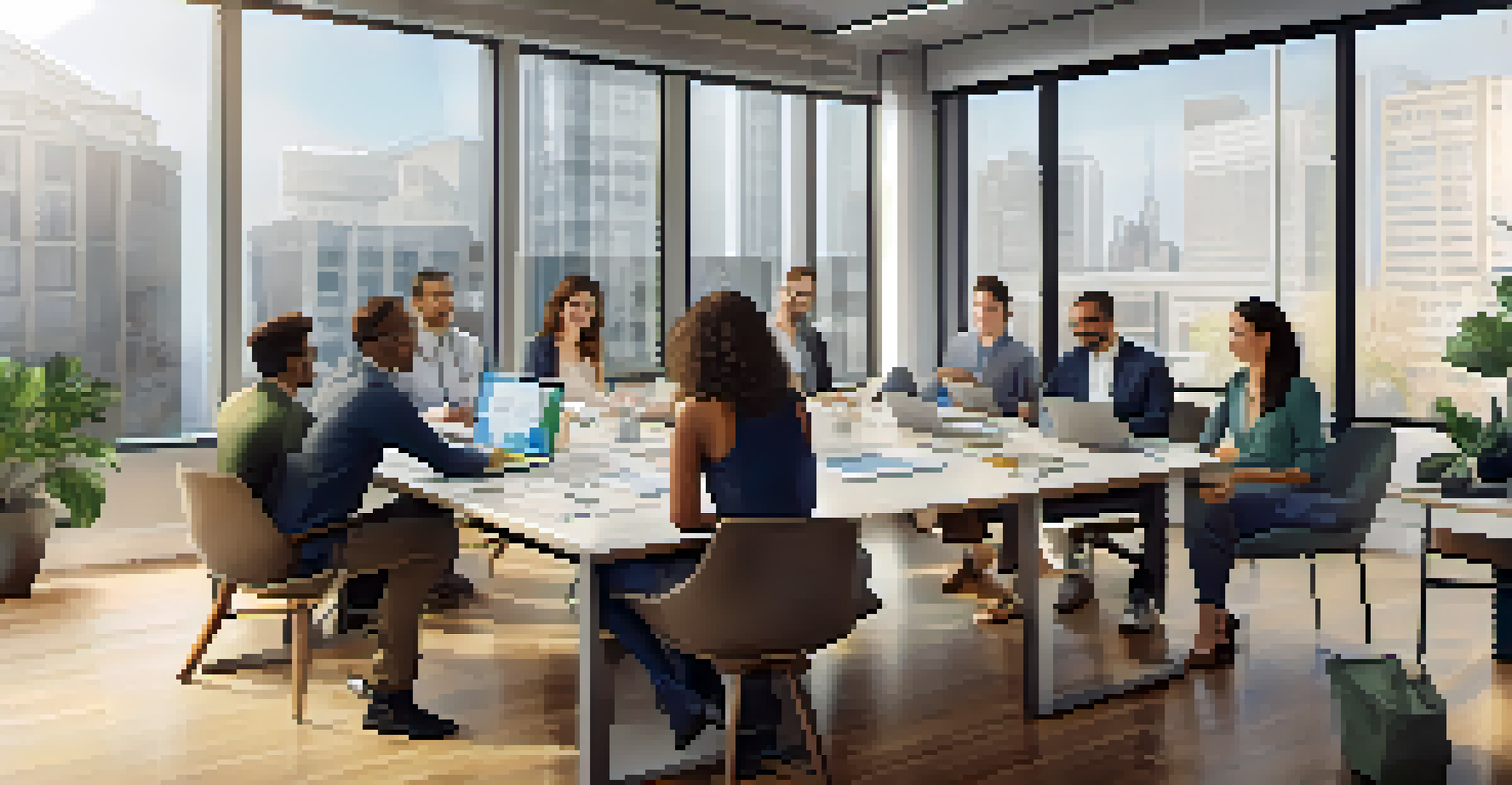 A diverse team of professionals brainstorming in a modern office, focusing on digital transformation and collaboration.