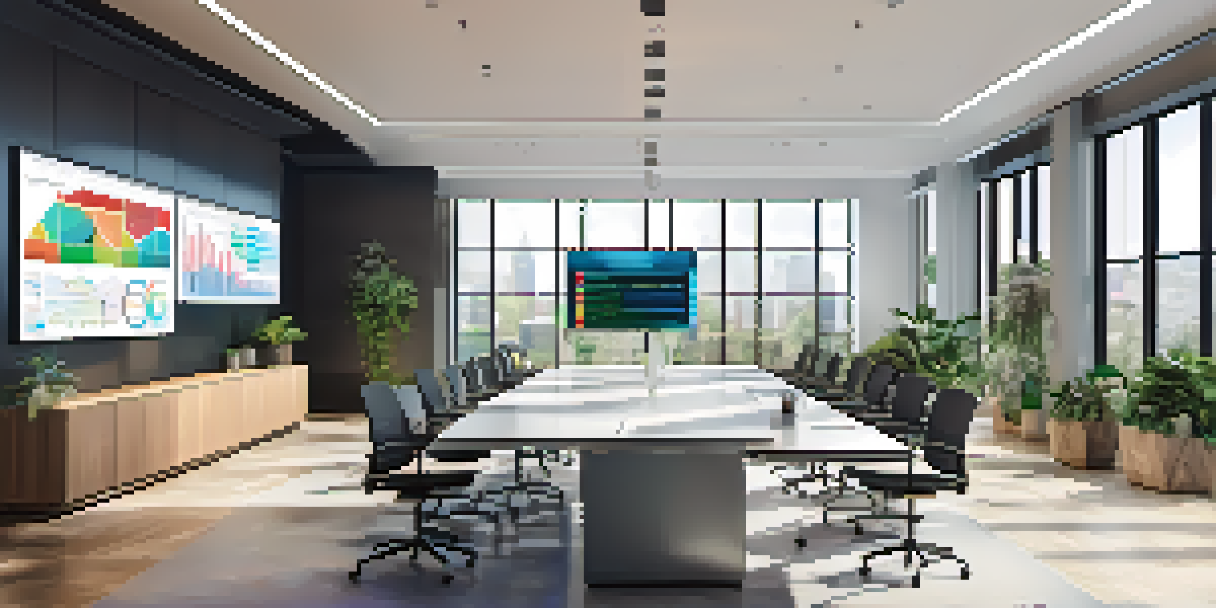 A diverse team of professionals collaborating in a modern office, with AI analytics displayed on a screen.