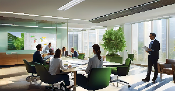 A diverse group of professionals in a bright office meeting room discussing corporate governance, with charts and documents visible on the table.