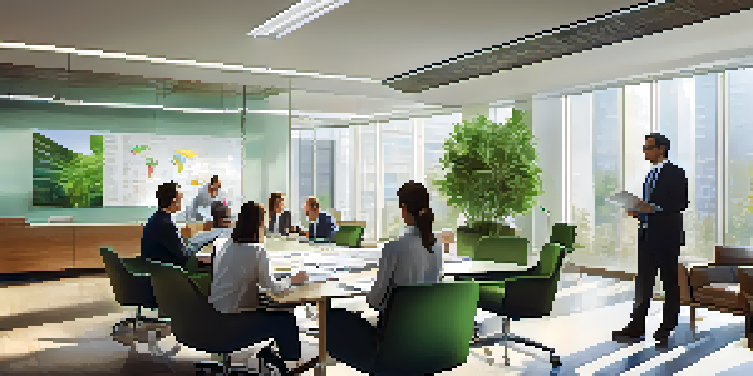 A diverse group of professionals in a bright office meeting room discussing corporate governance, with charts and documents visible on the table.
