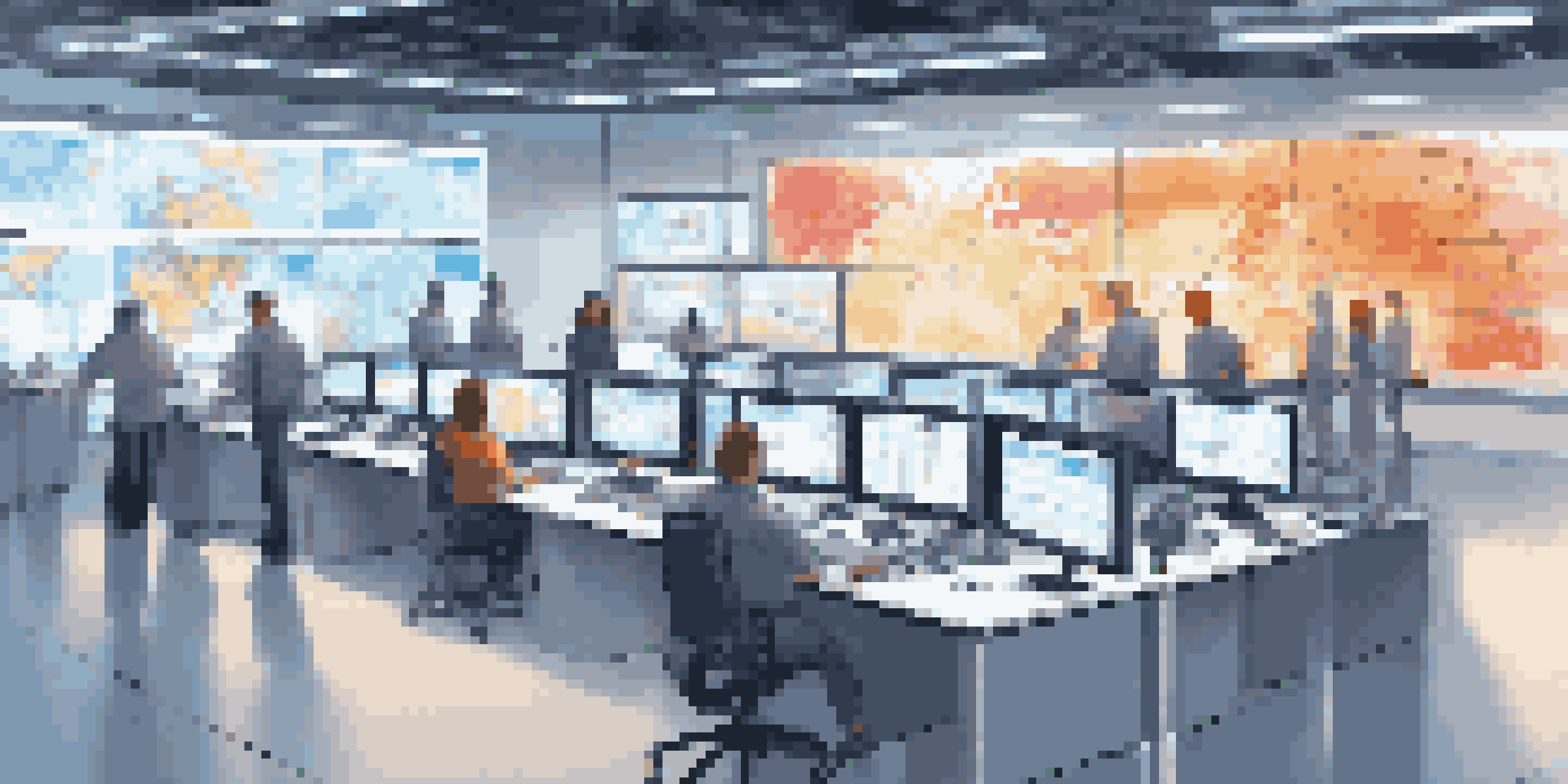 A high-tech supply chain control room with screens showing data analytics, illuminated by bright lights, with employees collaborating.