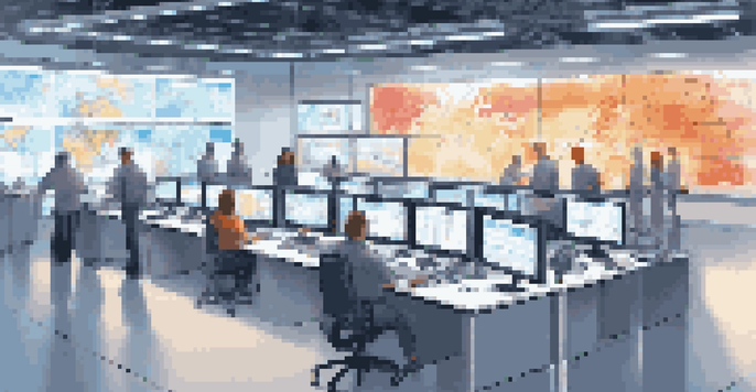 A high-tech supply chain control room with screens showing data analytics, illuminated by bright lights, with employees collaborating.