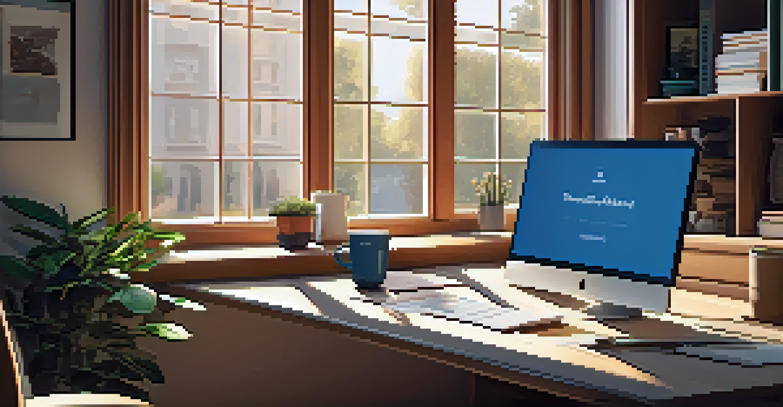 A comfortable home office with a computer showing an online learning platform, a coffee mug, and a notepad, illuminated by natural light.