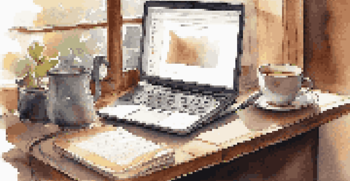 A well-organized desk with a laptop, notepad, pen, and coffee cup, illuminated by natural light.