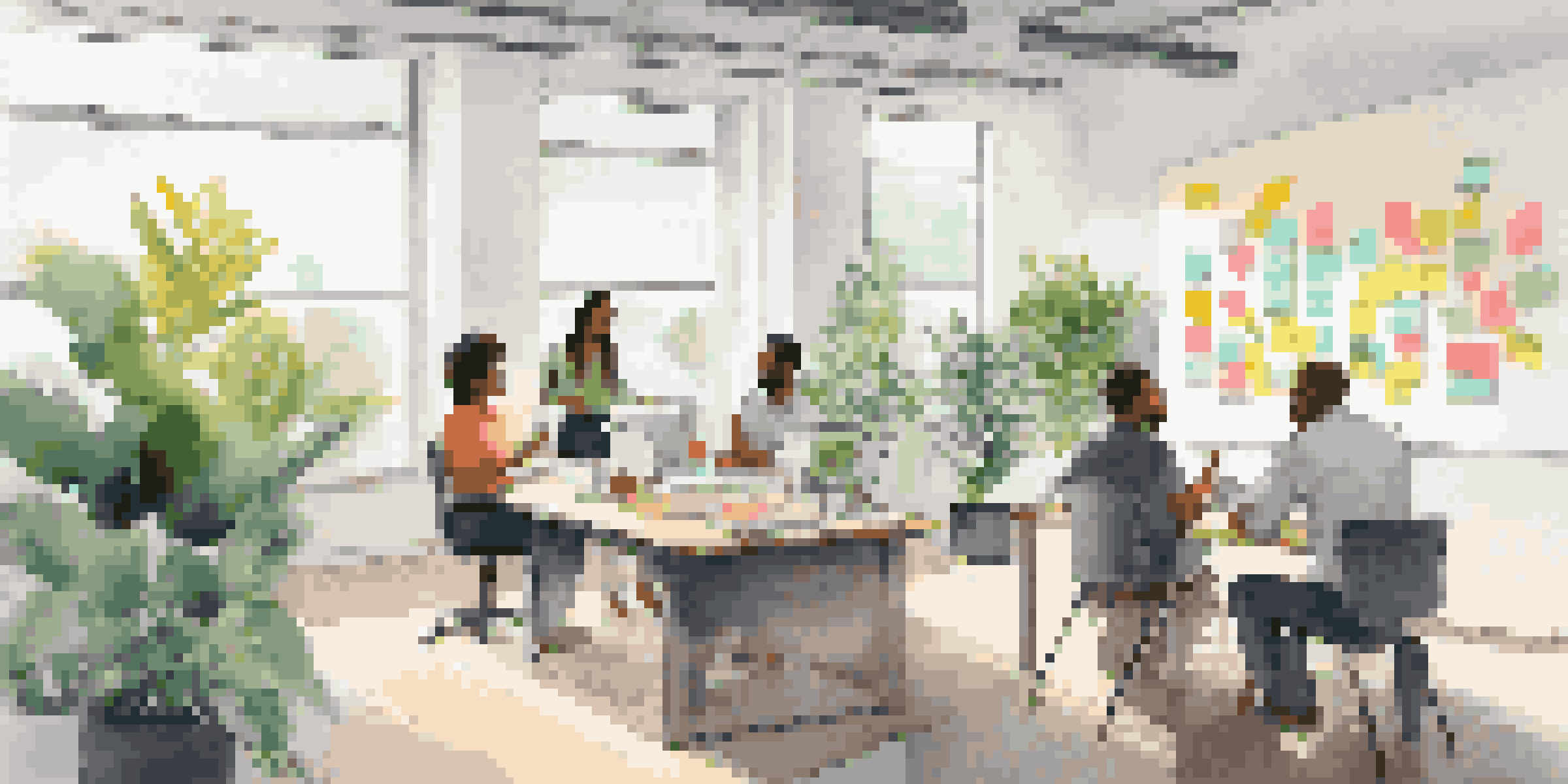 A diverse group of employees brainstorming in a bright office filled with natural light and plants.