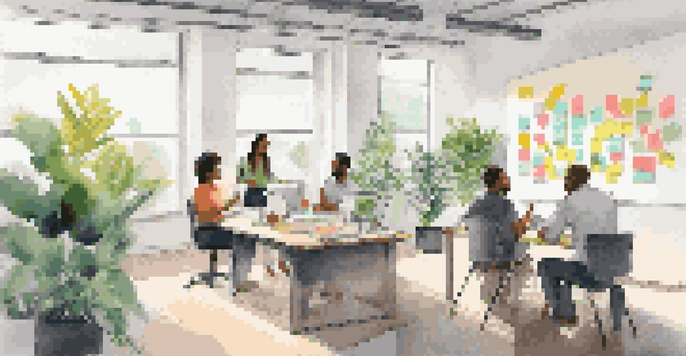A diverse group of employees brainstorming in a bright office filled with natural light and plants.