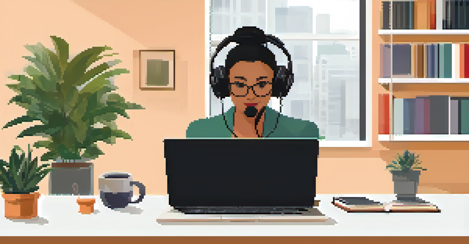 An individual participating in a webinar at a modern desk, with a laptop and microphone, in a well-lit room.