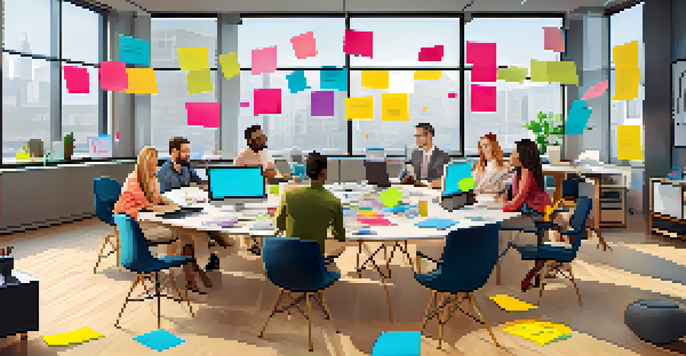 A diverse team collaborating in a bright office space, surrounded by sticky notes and digital devices, with a whiteboard covered in sketches.