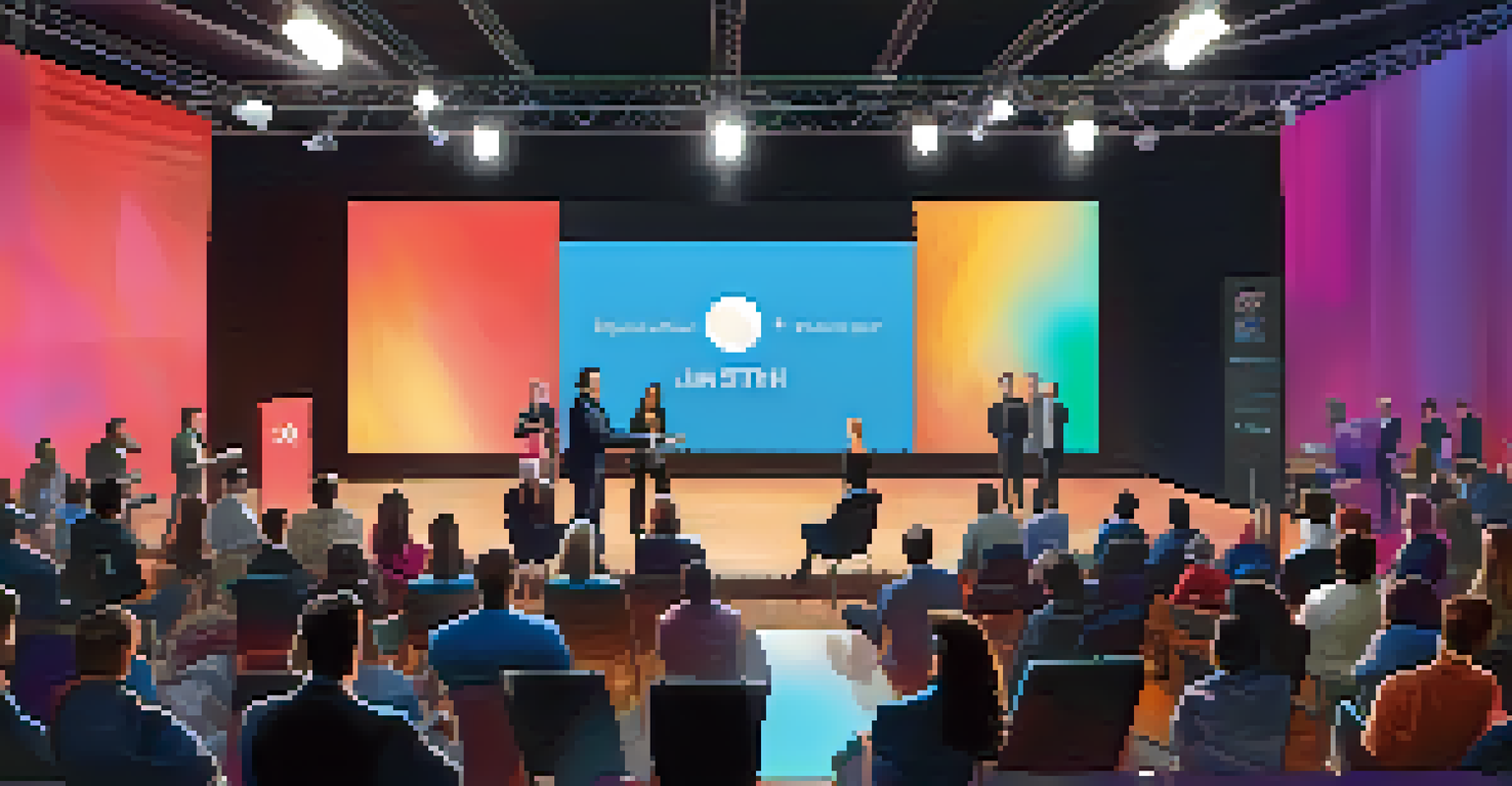 An energetic startup pitch event with entrepreneurs presenting to investors, featuring colorful stage lights and a large display screen.