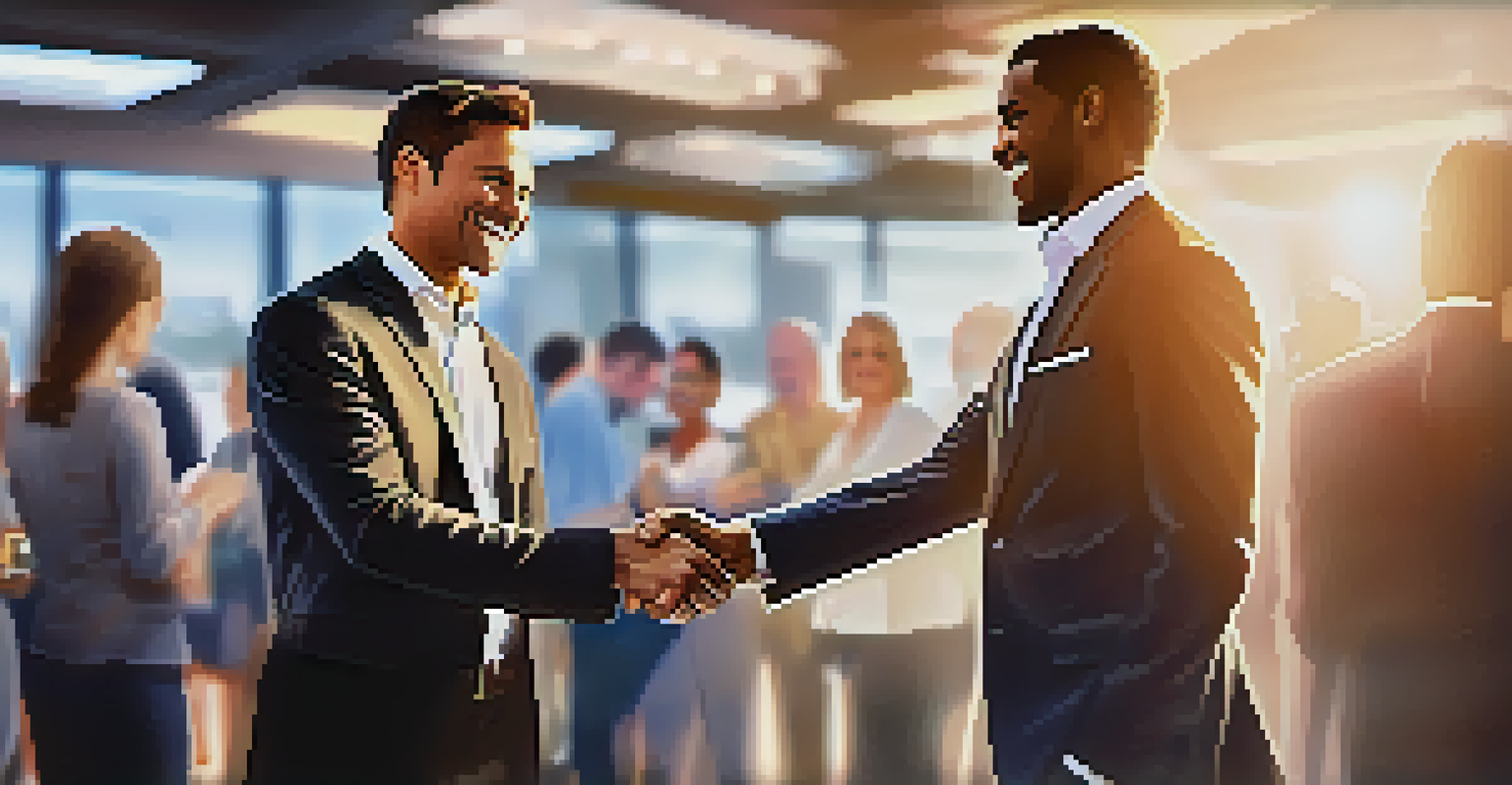 Two entrepreneurs shaking hands at a networking event.