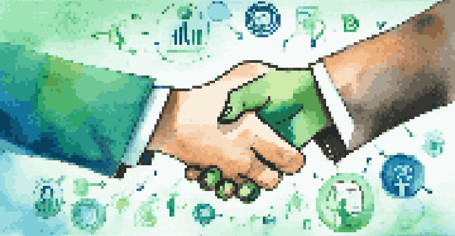 A symbolic handshake representing trust in B2B marketing surrounded by icons of communication and analytics.