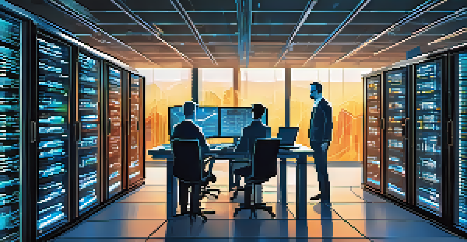 An IT team working in a server room, monitoring data security metrics on screens to ensure business continuity.
