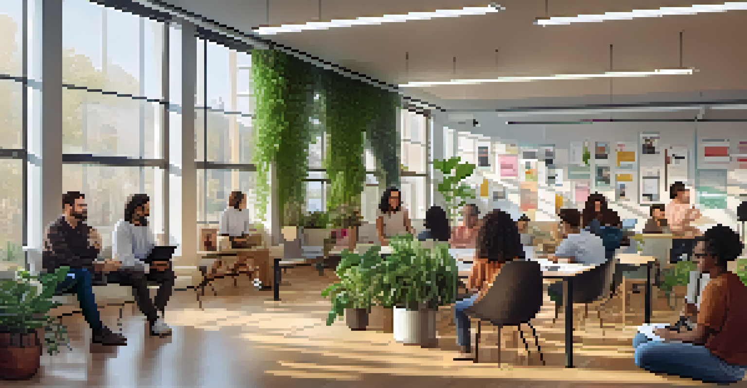 A diverse team of employees brainstorming in a bright office space focused on social impact initiatives.