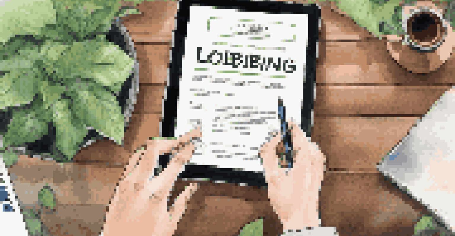 Close-up of hands holding a tablet showing a lobbying report, surrounded by plants and a coffee cup on an office desk.