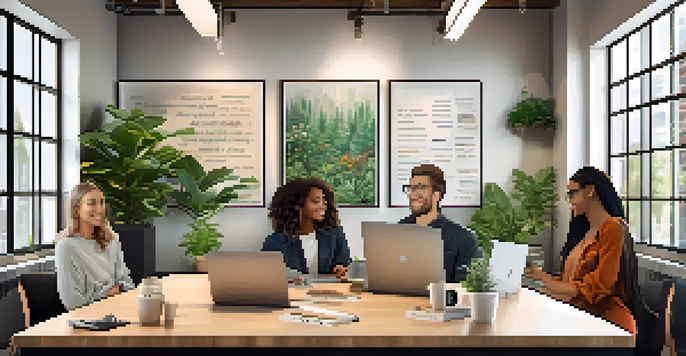 A diverse group of influencers working together in a bright office space with motivational quotes on the wall.