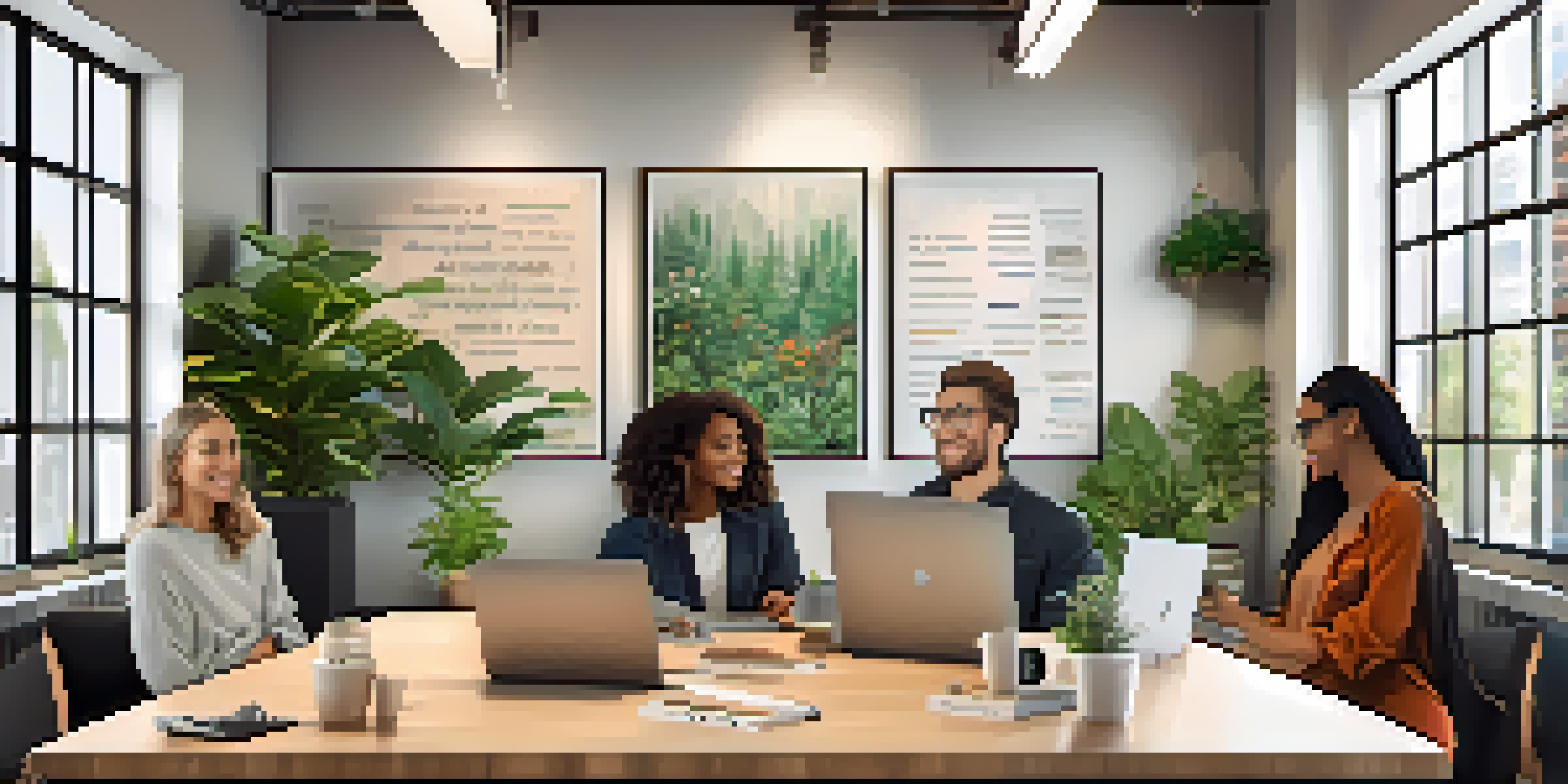 A diverse group of influencers working together in a bright office space with motivational quotes on the wall.