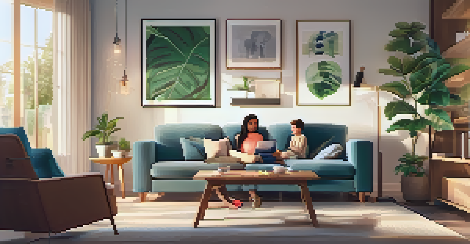 A family in a cozy living room using smart home devices, including a smart speaker and a tablet, emphasizing technology in everyday life.