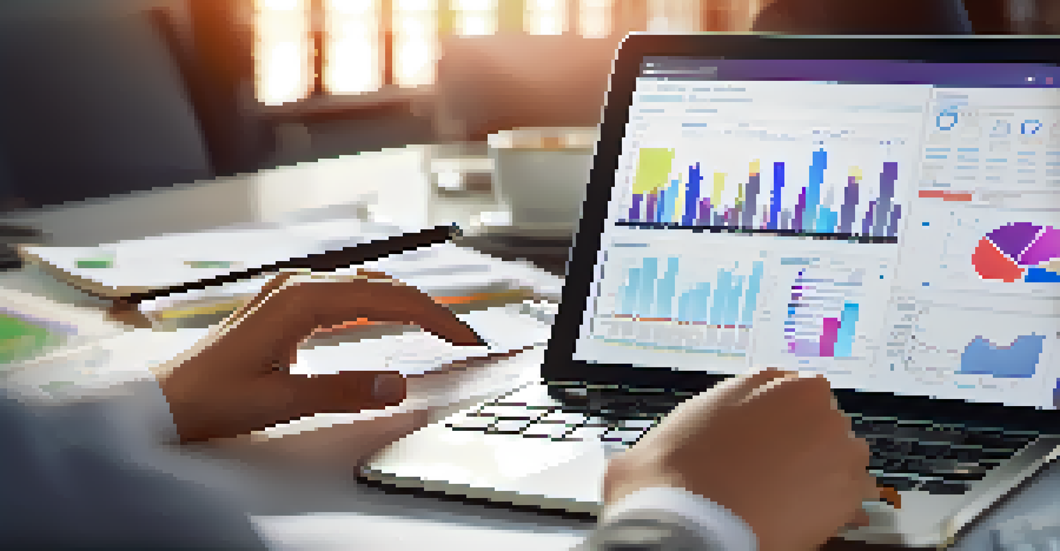 A data analyst closely examining graphs on a tablet in a modern workspace.