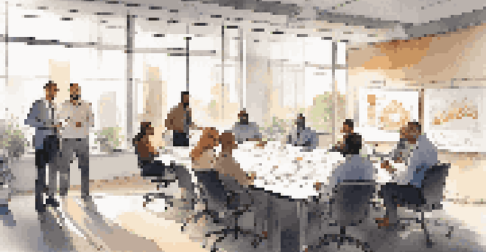 A diverse group of professionals engaged in a meeting in a bright office with large windows and a whiteboard.