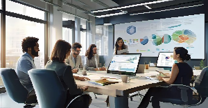 A diverse group of professionals collaborating in a modern office space, discussing data analytics displayed on a digital screen.