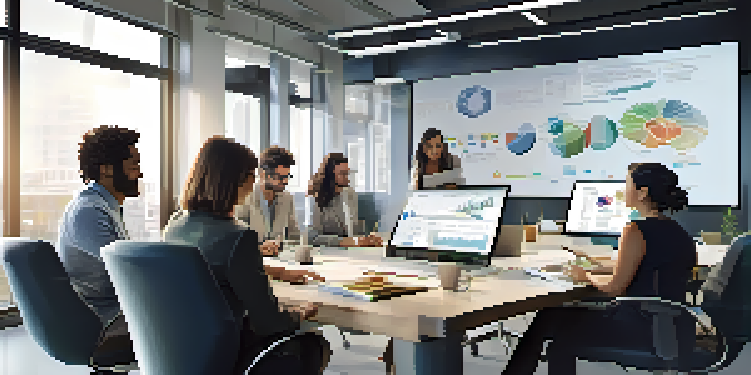 A diverse group of professionals collaborating in a modern office space, discussing data analytics displayed on a digital screen.