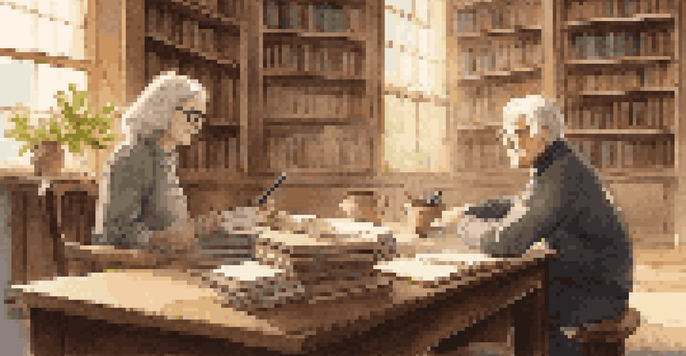 A mentor and mentee engaged in a discussion in a cozy library, surrounded by books and warm sunlight.