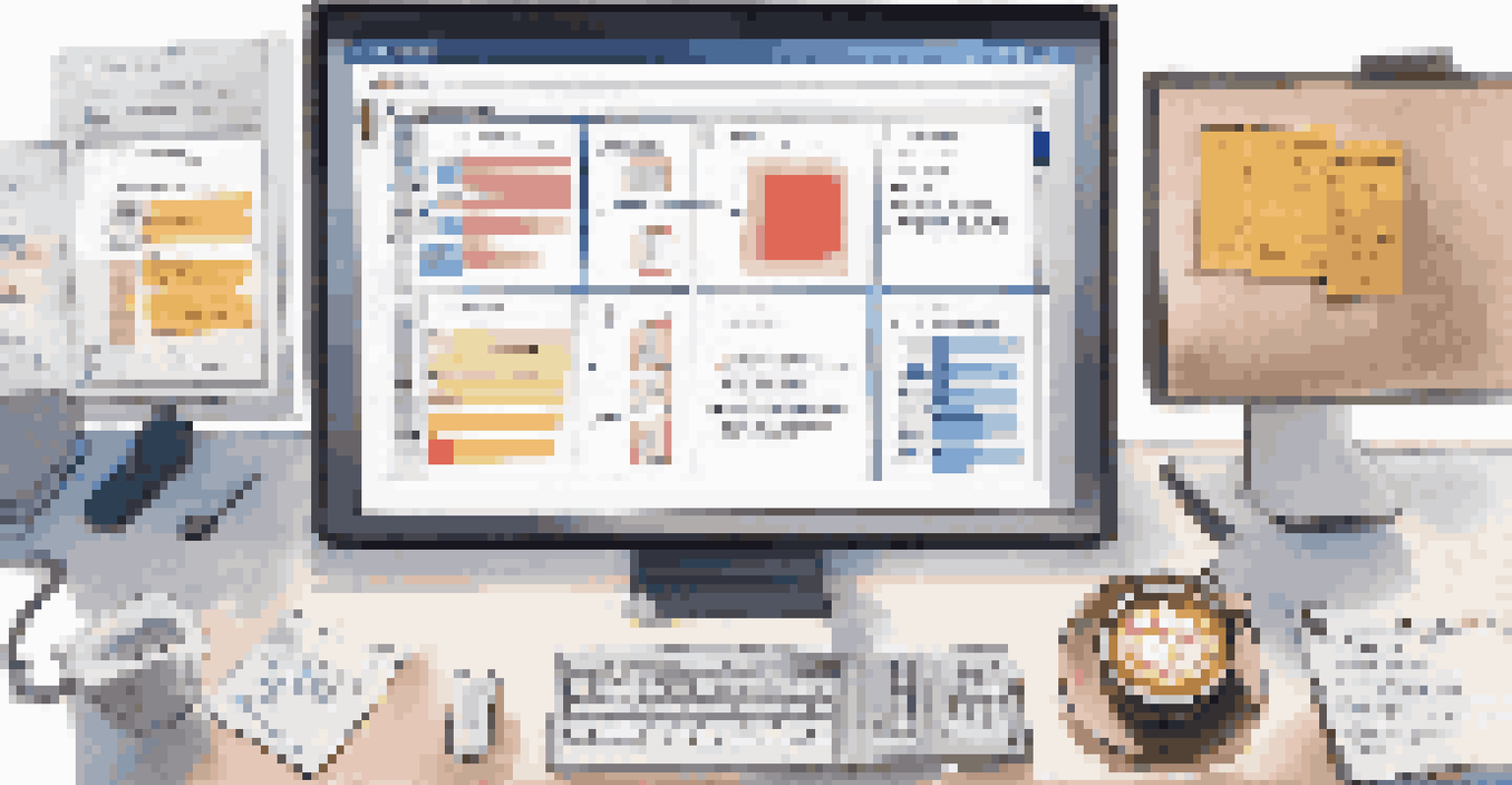 An overhead view of screens showing a project management tool with colorful task cards and a productive workspace.