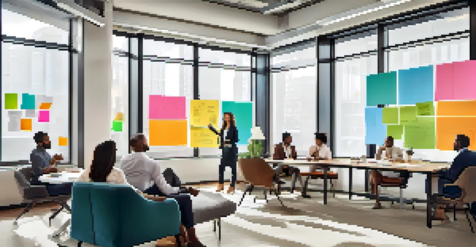 A diverse group of business professionals brainstorming together in a modern office with a whiteboard and colorful sticky notes.