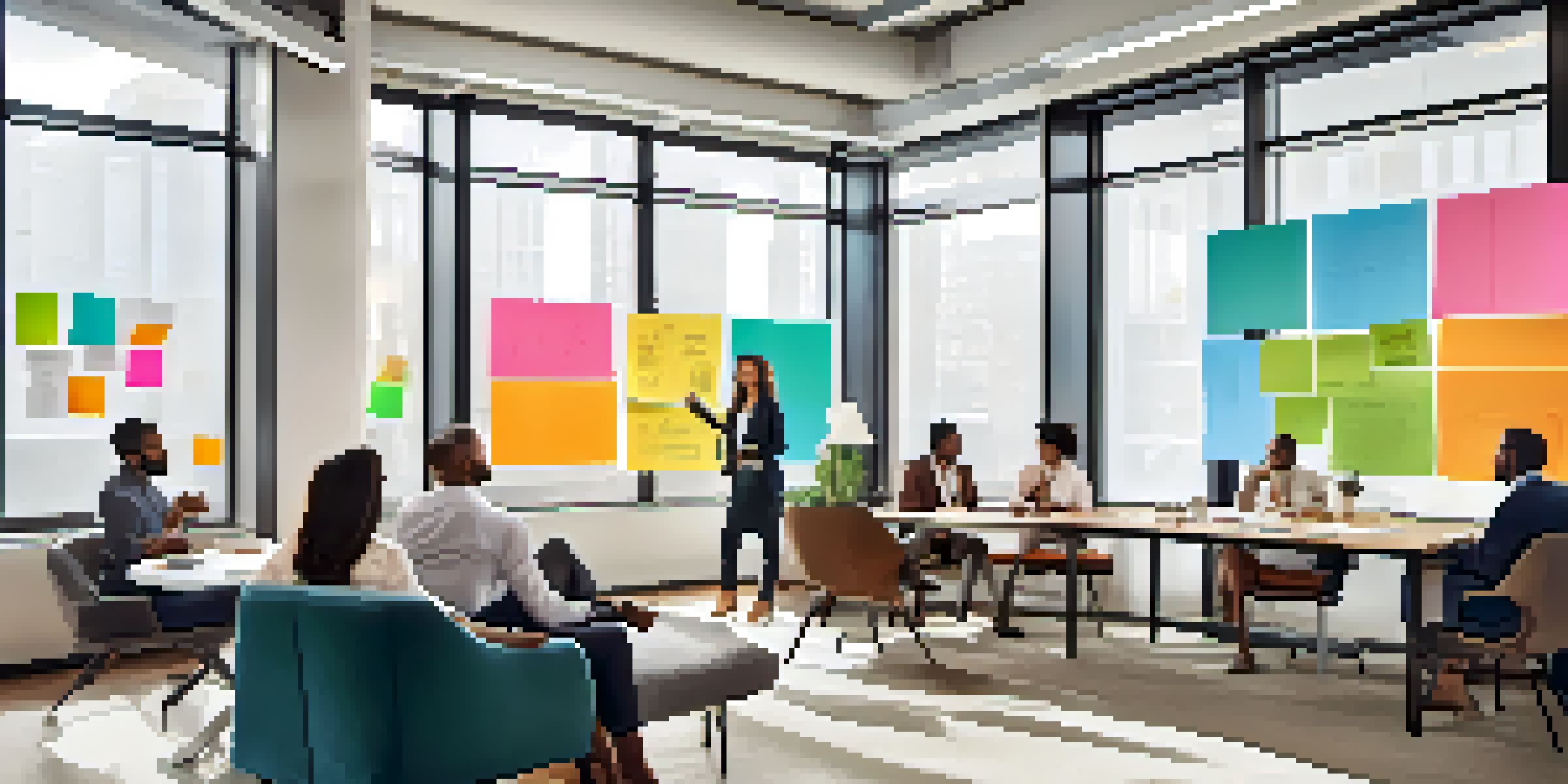 A diverse group of business professionals brainstorming together in a modern office with a whiteboard and colorful sticky notes.